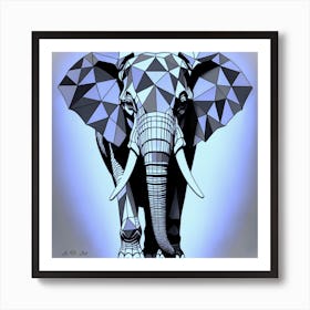 Geometric Elephant Shaped With Complex Blend Of Triangles Black And Greyscale And Blue Shining Illustration Art Print