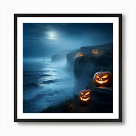 Ghostly Jack O Lanterns Glowing Eerily Beside A Winding Coastal Path Mist Hovering Over The Ocean (2) 1 Art Print