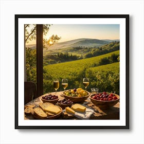 Sunrise in Tuscany: A wooden bowl brimming with fresh fruit, cheese, and bread on a rustic table, surrounded by wine glasses and a cruet of olive oil Art Print