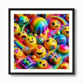 A 3D illustration of colorful emojis, paint splatters, and playful elements. Art Print