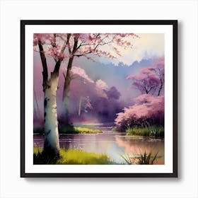 Pink Trees By The Lake Art Print