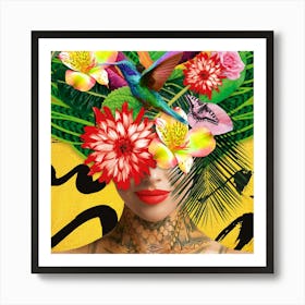 Mother Nature With Humming Bird Flowers And Tattoo In Yellow Art Print