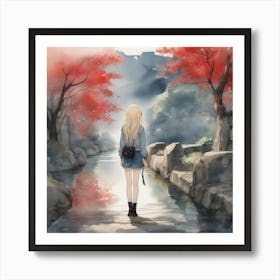 Girl Walking By A Stream Art Print