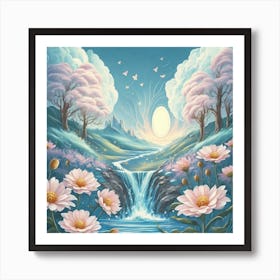 Waterfall With Pink Flowers Art Print