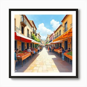 Watercolor View Of A Traditional Spanish Market With Colorful Stalls Art Print