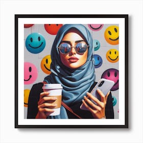 Stylish and Smiling - Pop Art Painting of a Woman with Coffee and Smartphone Art Print