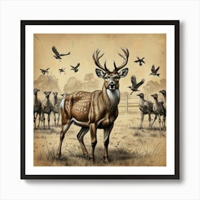 Deer And Birds Art Print