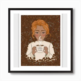 An art print showcasing a detailed and stylized portrait of a coffee connoisseur, surrounded by swirling coffee beans and steam, capturing the essence of the love for coffee culture. This unique and cozy art print is perfect for caffeine enthusiasts and those seeking a warm and inviting atmosphere in their home decor. Art Print