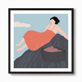 Woman Sitting On A Rock Art Print