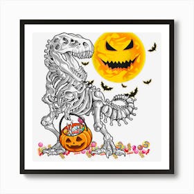 Funny Skeleton Dinosaur T Rex Scary Pumpkin Moon Halloween Art Print