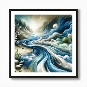 Title: "Rhythmic Tides"  Description: "Rhythmic Tides" is an artistic masterpiece that captures the fluid motion of a river's journey toward the horizon. The swirling blues and whites create a mesmerizing pattern that mimics the natural rhythm of water. This piece embodies tranquility and the continuous flow of life, ideal for those seeking a serene yet dynamic element in their living space, invoking the soothing presence of water in motion. Art Print