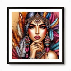 Indian Woman With Feathers 1 Art Print