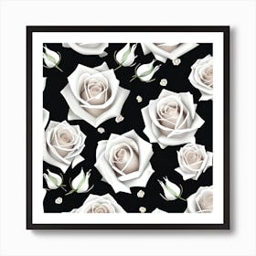 White Roses On Black Background Art Print