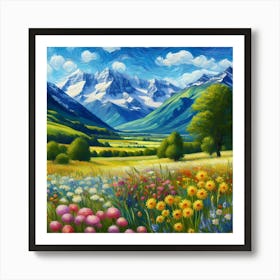 Meadow In The Mountains With Rolling Hills, And Wildflowers painting Art Affiche