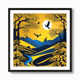 Blue and Yellow Landscape With Trees Art Print