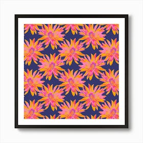 DAHLIA BURSTS Multi Abstract Blooming Floral Summer Bright Flowers in Fuchsia Pink Yellow Purple on Dark Blue Art Print