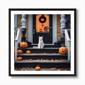 Halloween Cat In Front Of House 11 Art Print