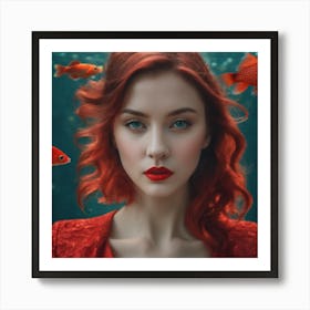 Red Haired Girl With Fish 1 Art Print