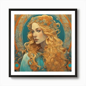 An Illustration Of A Woman In Costume With Long Curly Blonde Hair, In The Style Of Neon Art Nouvea (2) Art Print