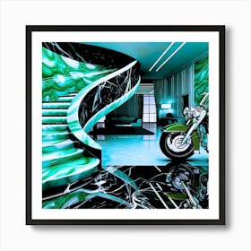 Harley Davidson Resting Infront of Billionaire's Living Room Modern Wall Art Art Print