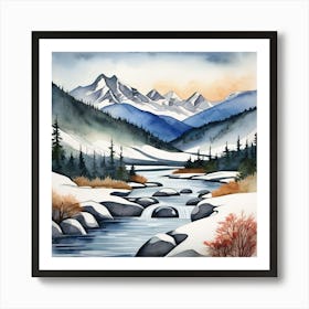 Snowy Mountain Stream,A Tranquil Beach Scene With Palm Trees And Gentle Waves art print Art Print