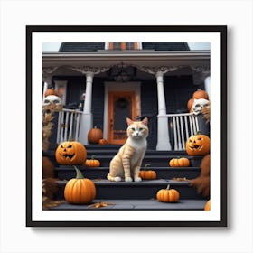 Halloween Cat In Front Of House 22 Art Print