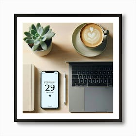 Desk With Laptop And Phone Poster