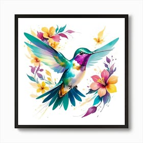 Hummingbird With Flowers Art Print