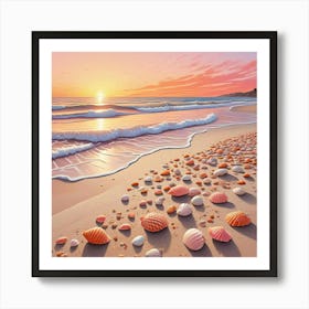 Sea Waves At Beach Ocean With Shells (1) Art Print