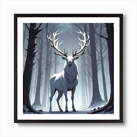 A White Stag In A Fog Forest In Minimalist Style Square Composition 48 Art Print
