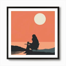 Silhouette Of A Woman Sitting At A Table Art Print