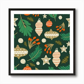 Christmas Baubles And Winter Foliage Green Art Print