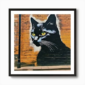 Street Art, Black Cat, Brick Wall Art Print