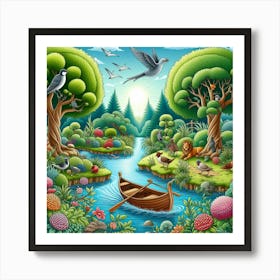 Illustration Of A Boat In The Forest Art Print