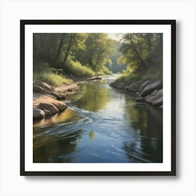 A realistic oil painting of a river, capturing the play of light and shadow on the water's surface and the intricate textures of the surrounding landscape. 3 Art Print