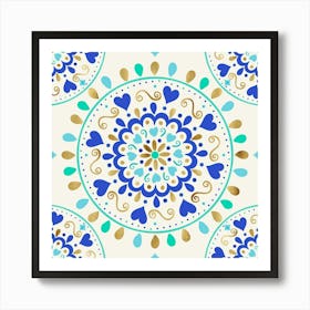 Summer Blue Gold Heart Mandala Art Print