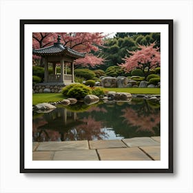 A Peaceful Japanese Garden With A Koi Pond, Stone Lanterns, And Blossoming Cherry Trees 2 1 Art Print