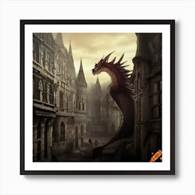 Craiyon 114853 Dragon Looming Over Medieval Fantasy City Art Print