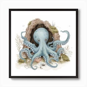 Storybook Style Octopus Relaxing In An Underwater Cave 3 Art Print
