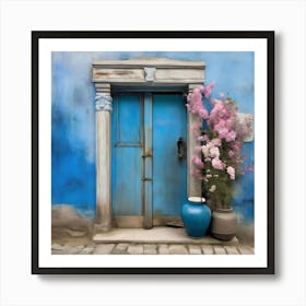 Blue wall. An old-style door in the middle, silver in color. There is a large pottery jar next to the door. There are flowers in the jar Spring oil colors. Wall painting.2 Art Print