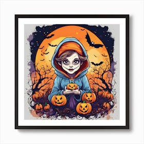 Halloween Girl With Pumpkins Art Print