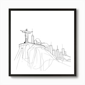 Christ The Redeemer Statue In Rio, minimalist, line art, black and white. Art Print