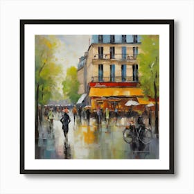 Paris In The Rain Paris city, pedestrians, cafes, oil paints, spring colors. Art Print