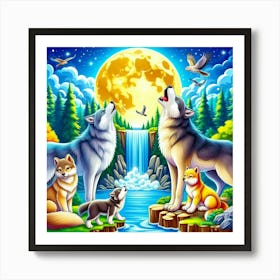 Howling Wolves with Wolf Cubs Art Print