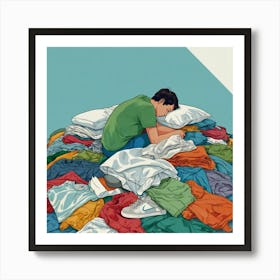 Man Sleeping In Pile Of Clothes Art Print