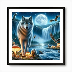 Wolf on the Mushroom Riverbank 3 Art Print