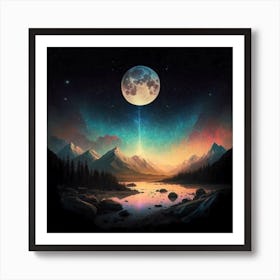 An enchanting and ethereal night sky over a tranquil landscape, featuring a silhouetted mountain range against the backdrop of a celestial display of stars and the soft glow of the moon. This captivating image can be used as wall art to create a peaceful and dreamy atmosphere in homes Art Print