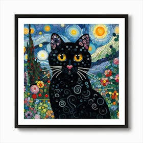 Black Cat With Starry Sky Art Print