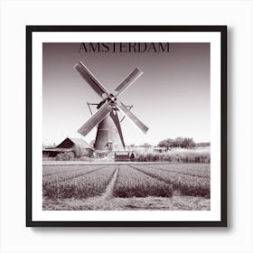 Windmill in a Field of Flowers, Black and White Photo, Wall Art Print Art Print