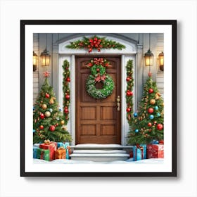 Christmas Decoration On Home Door Ultra Hd Realistic Vivid Colors Highly Detailed Uhd Drawing (4) Art Print